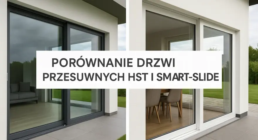 Porównanie drzwi przesuwnych HST i Smart-Slide. Dwa nowoczesne okna, jedno z szarą ramą, drugie białe, prezentują różne style.