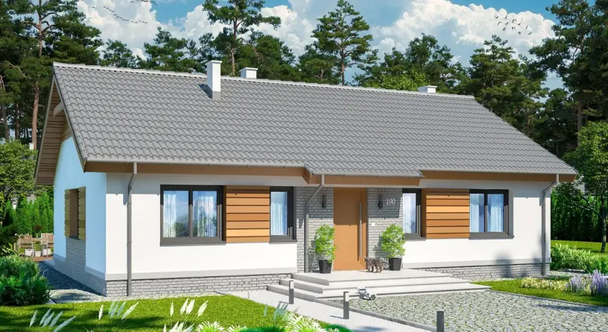Nowoczesny, biały dom z drewnianymi elementami, z szarym dachem. To wymarzony, dom energooszczędny tani w budowie, otoczony zielenią.
