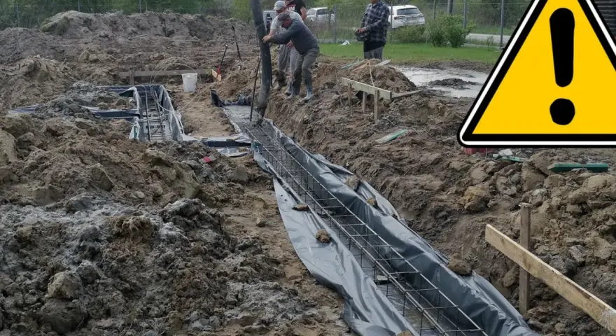 Pracownicy wylewają beton do wykopu, tworząc fundament. Widać zbrojenie i folię.
