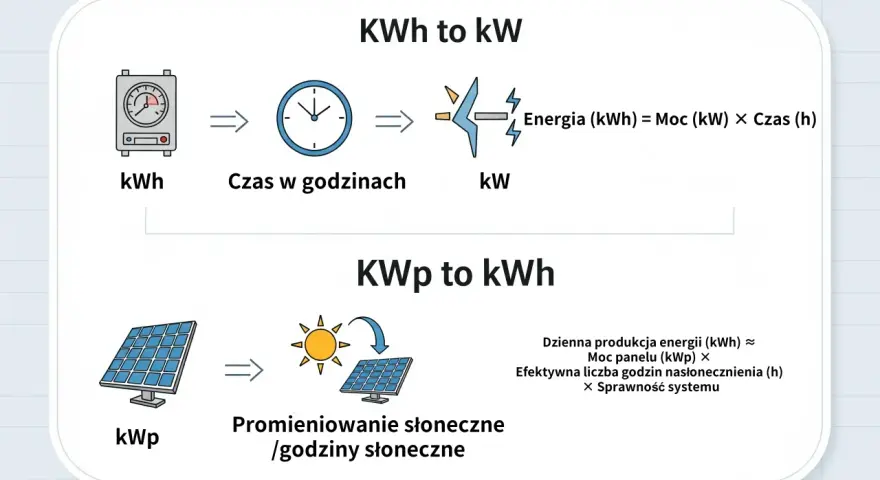 Schemat wyjaśnia, jak moc (kW) i czas (h) dają energię (kWh), a panele słoneczne (kWp) z nasłonecznieniem (h) obliczają dzienną produkcję energii w megawatogodzinach.