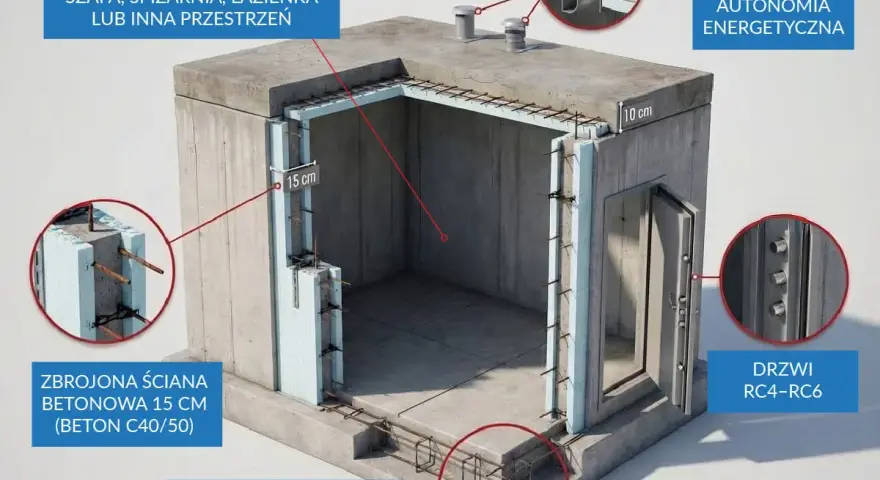 Schron przydomowy z żelbetonową ławą, zbrojonymi ścianami 15 cm, wentylacją i drzwiami RC4-RC6. W środku może być panic room.