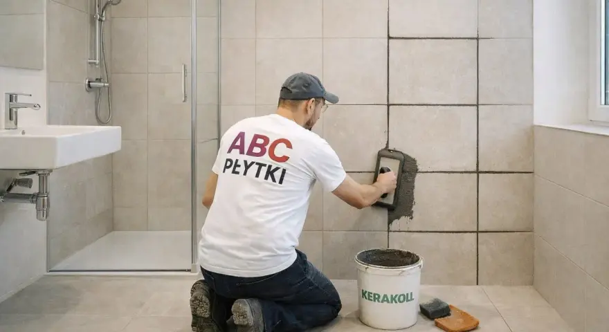 Mężczyzna klęczy i używa kielni do fugowania, pokazując, jak fugować płytki w łazience. Obok stoi wiadro z zaprawą.