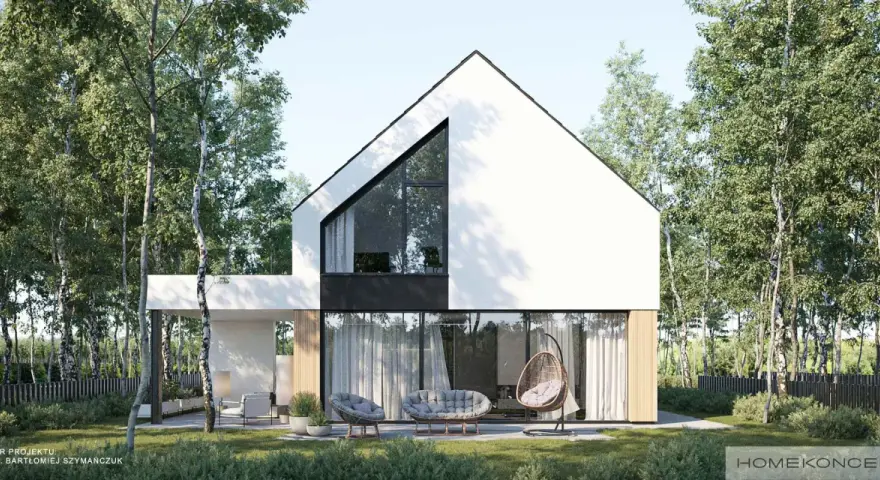 Nowoczesne projekty domów szybkich w budowie: biały dom z dużymi przeszkleniami i drewnianymi elementami, otoczony zielenią.