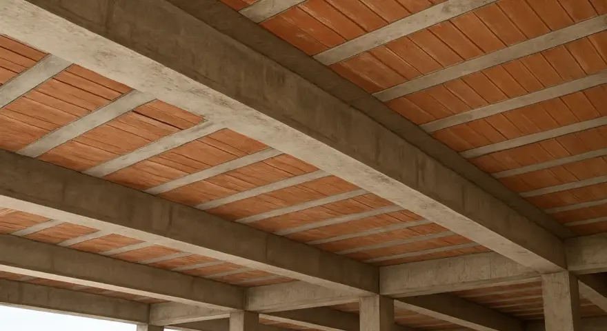 Widok na betonowe belki i pustaki ceramiczne, ukazujący różne rodzaje stropów w budowie.