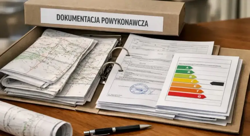 Dokumentacja powykonawcza: mapy, raporty i certyfikat energetyczny w teczce.