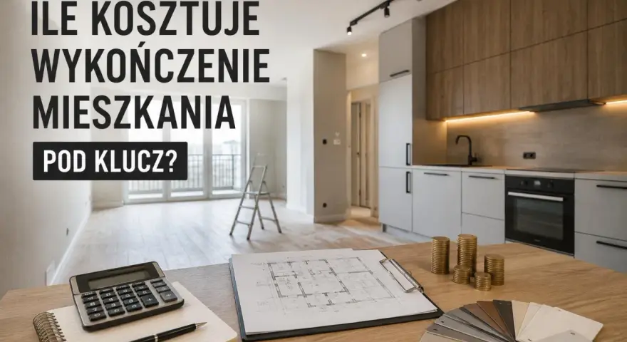 Ile kosztuje wykończenie mieszkania pod klucz? Kalkulator, plany, próbki materiałów i stosy monet sugerują planowanie budżetu.