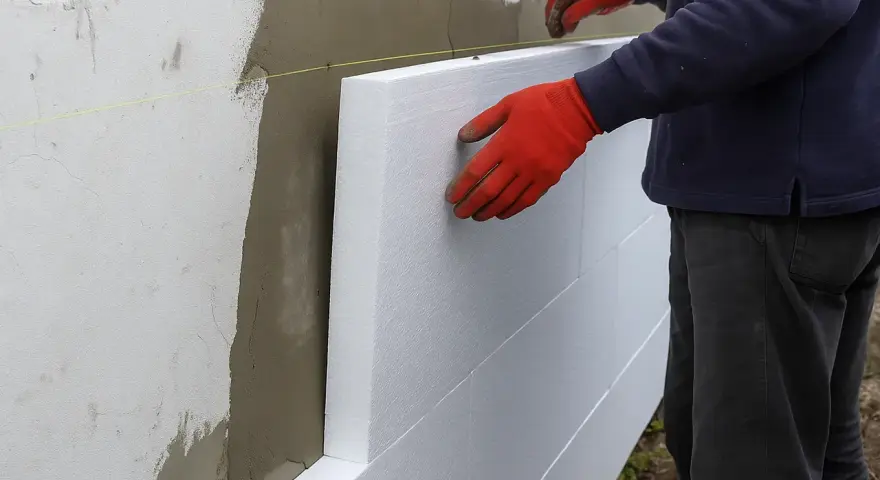 Pracownik w czerwonych rękawicach montuje styropian na ścianie. To etap prac elewacyjnych, gdzie cena za m2 robocizna jest kluczowa.