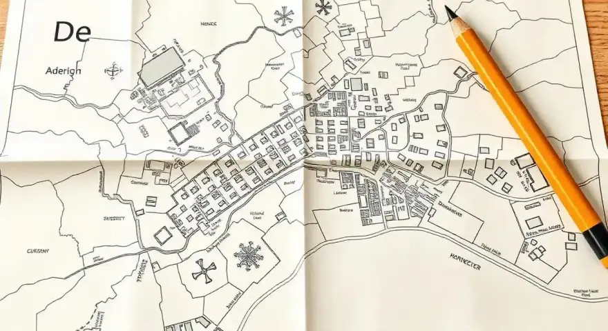 Ołówek spoczywa na złożonej mapa do celów projektowych przedstawiającej miasto z budynkami, rzeką i polami.