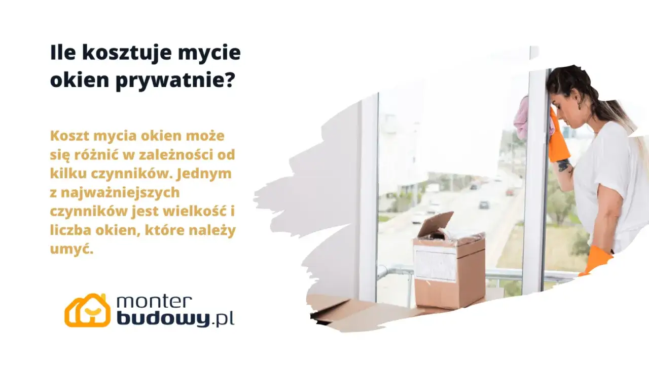 Sprawdź mycie okien cennik. Kobieta w pomarańczowych rękawicach czyści okno. Koszt zależy od wielkości i liczby okien.