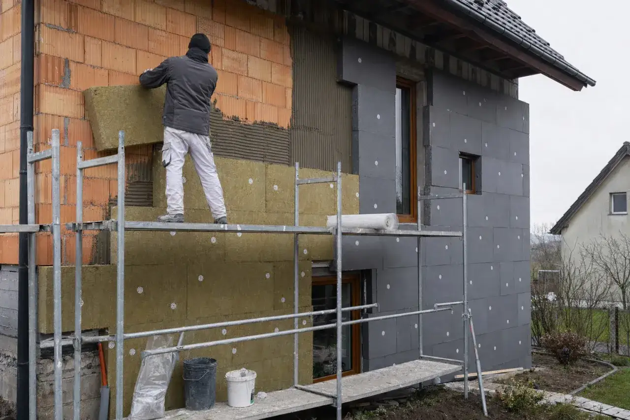 Pracownik na rusztowaniu montuje wełnę mineralną na ścianie domu. To etap prac, który wpływa na to, ile kosztuje ocieplenie domu.