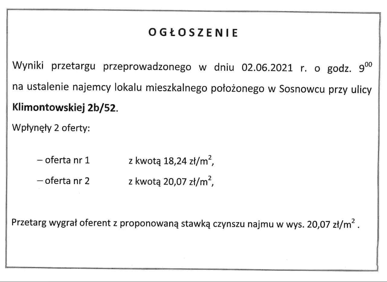 ogłoszenie o przetargu na wynajem mieszkania sp&oacute;łdzielnia