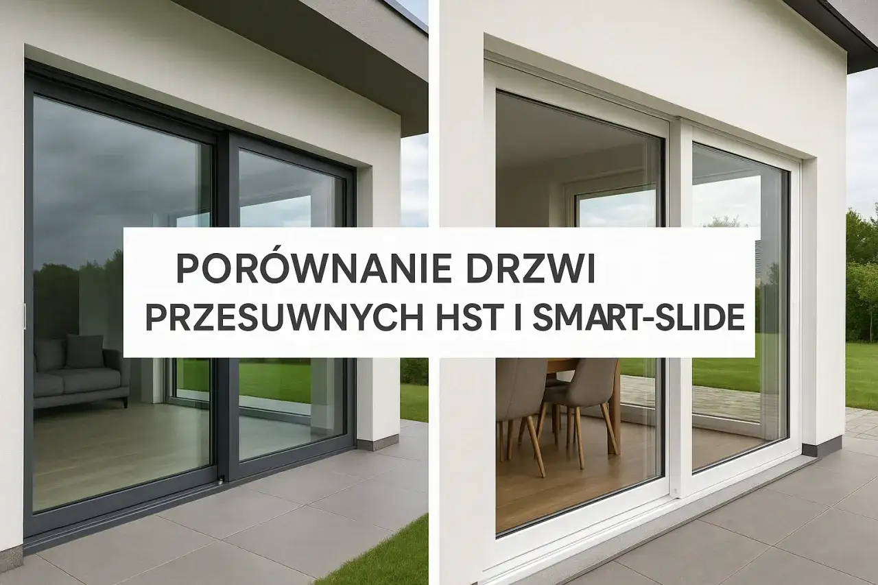 Porównanie drzwi przesuwnych HST i Smart-Slide. Dwa nowoczesne domy z dużymi przeszkleniami, ukazujące różne rodzaje okien.