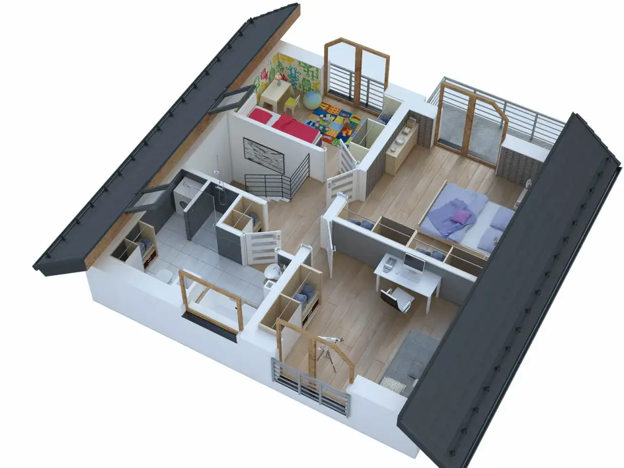 Wizualizacja wnętrza domu bez pozwolenia 70m2: sypialnia, pokój dziecięcy, łazienka, garderoba i balkon.