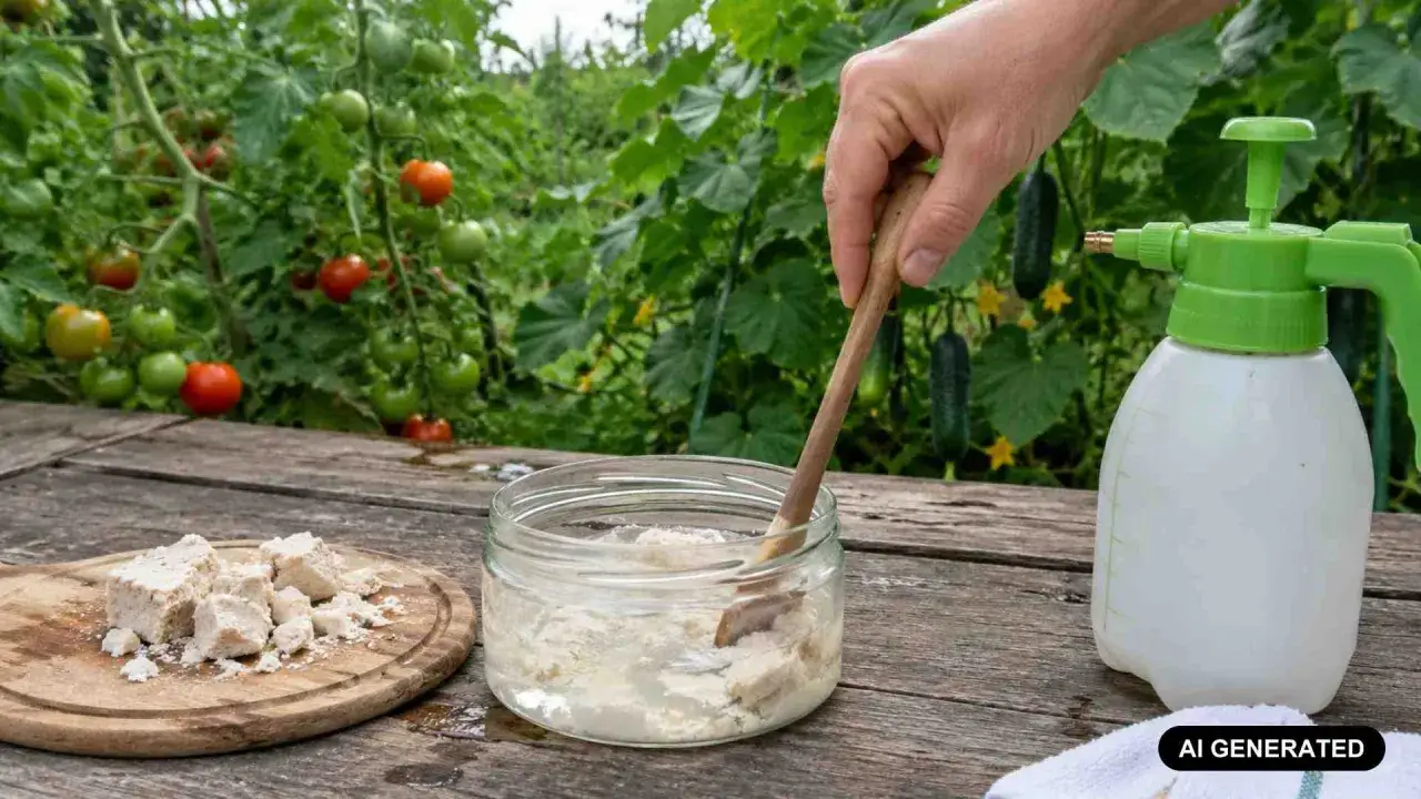Przygotowanie oprysku z drożdży na ogórki. Na stole leżą kostki drożdży, słoik z wodą i drewniana łyżka, obok opryskiwacz.