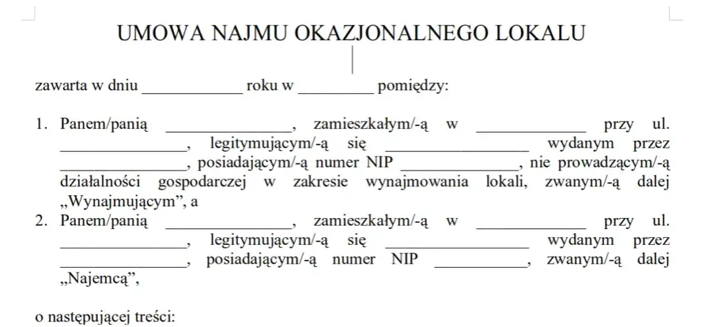 Umowa najmu okazjonalnego wzór