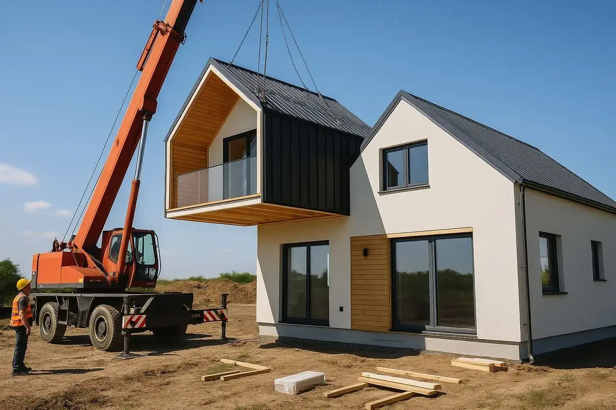 Domy modułowe w budowie: dźwig montuje gotowy moduł z balkonem do nowoczesnego domu. Szybkie projekty domów.