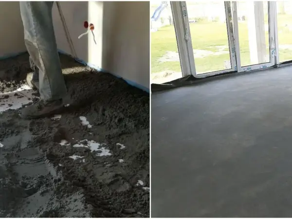 Prace budowlane: wylewanie posadzki z suchego betonu, a następnie gładka, gotowa powierzchnia.