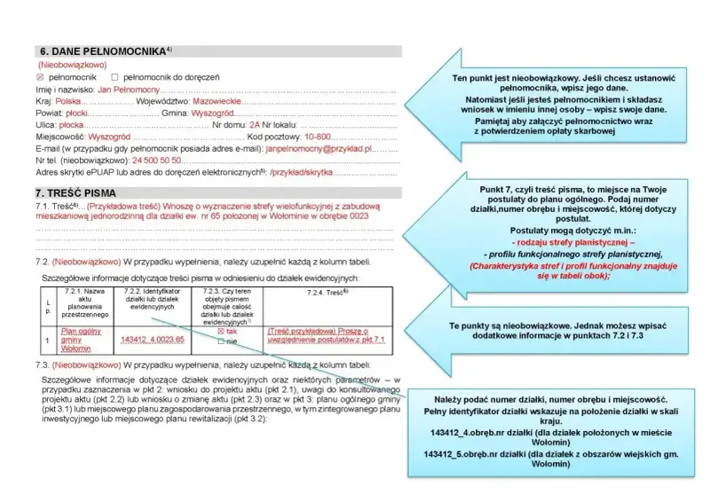 Wniosek dotyczy planu ogólnego gminy Wołomin, zawiera dane działki ewidencyjnej i postulaty dotyczące jej zagospodarowania. Podatek od nieruchomości jest tu kluczowy.