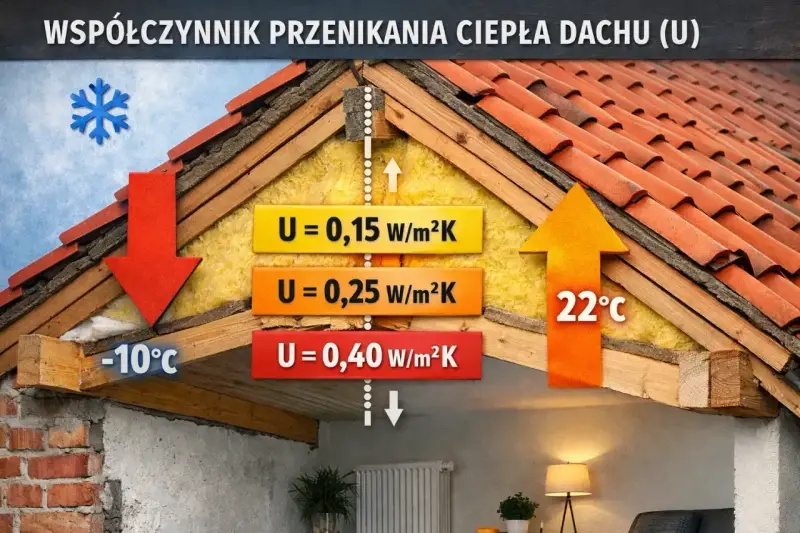 Przekrój dachu ilustruje współczynnik przenikania ciepła (U). Różne wartości U (0,15, 0,25, 0,40 W/m²K) pokazują izolację termiczną.