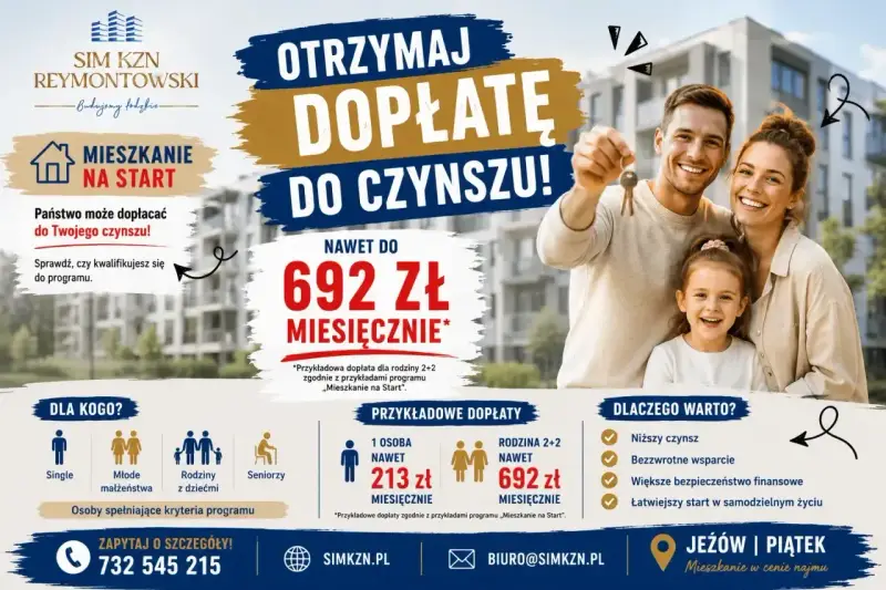 Szczęśliwa rodzina z kluczami do mieszkania. Program "Mieszkanie na Start" oferuje dopłatę do czynszu, ułatwiając start w samodzielnym życiu.