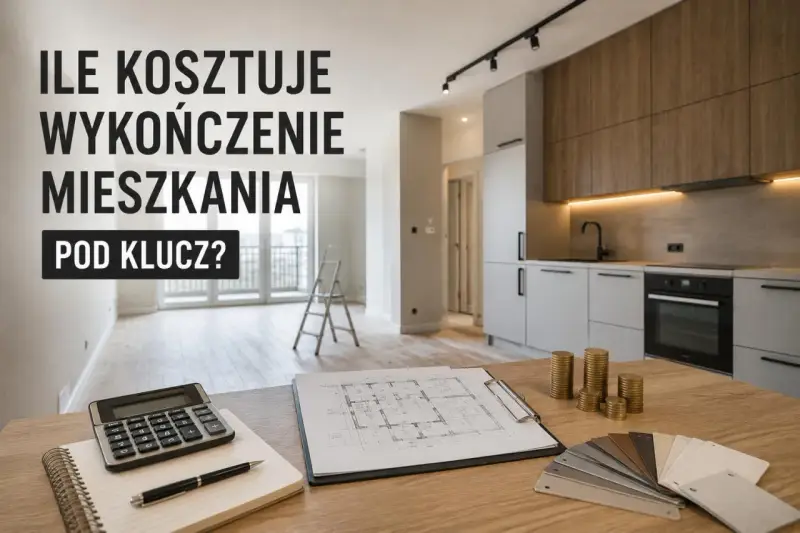 Ile kosztuje wykończenie mieszkania pod klucz? Kalkulator, plany, próbki materiałów i stosy monet sugerują planowanie budżetu.